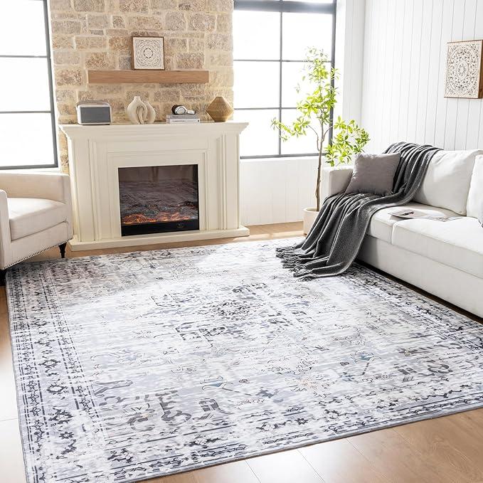 6x9 Washable Area Rug Vintage Distressed, Low Pile Large Rug with Non Slip Backing & Reinforced Edges, Ultra Soft Foldable Indoor Carpet for Living Room, Bedroom, Dining Room, Office, Gray