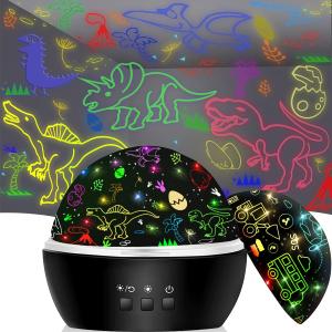 MINGKIDS Night Light for Kids,2 in 1 Rotating Projector Lamp with Dino&Vehicles Theme,2 Ways to Charge,Baby Night Light Ceiling Projector for Bedroom Kids Room Decor