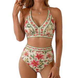 Herseas Womens High Waisted Bikini Sets 2 Piece V Neck Floral Print Sporty Swim Suits 2026 Modest Full Coverage Long Torso Bathing Suits Casual Beach Vacation Essentials Pink Lily X-Small