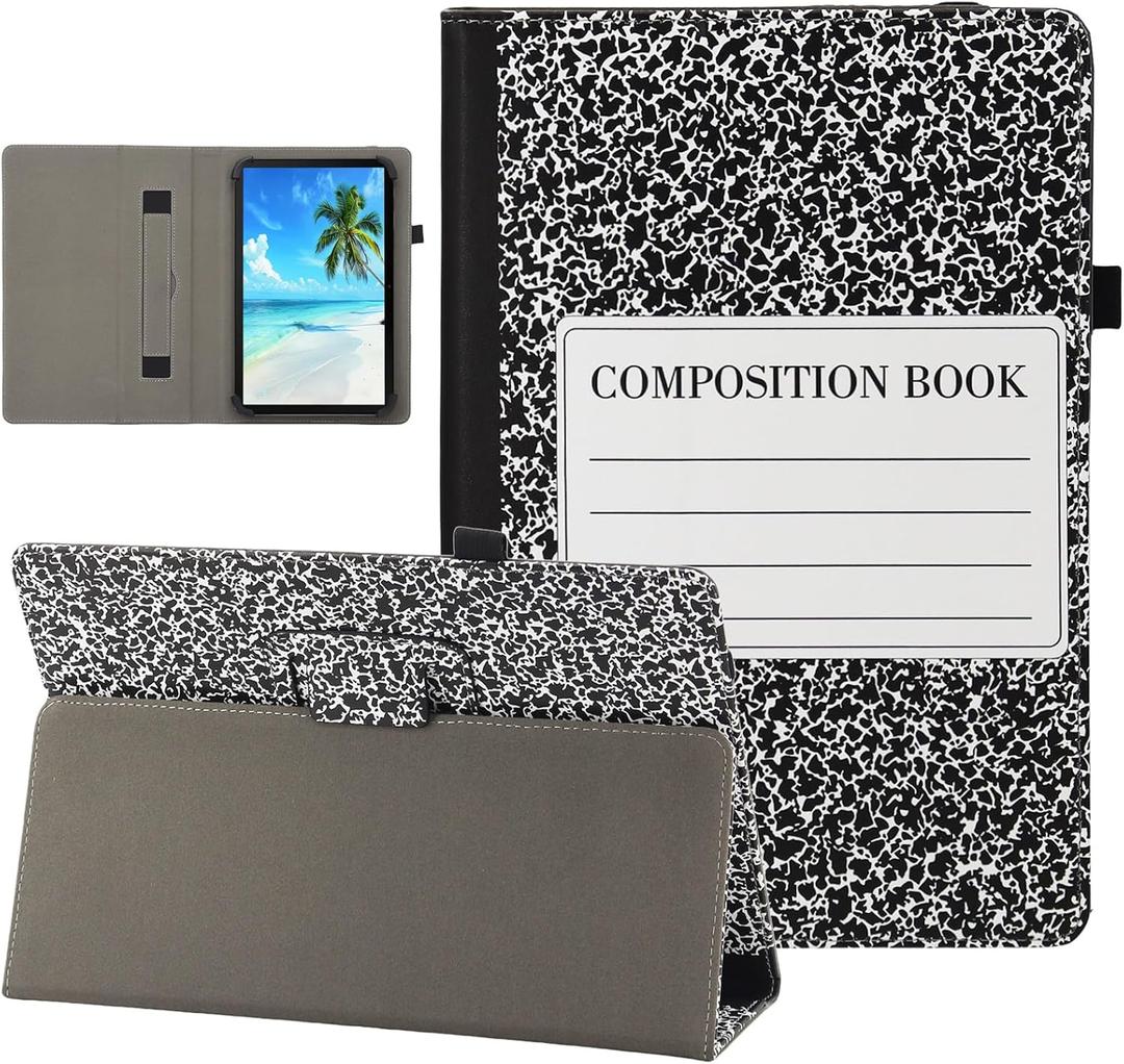 Universal 10 10.1 Inch Android Tablet Case, Dluggs Slim Folding Stand Folio Leather Case Cover for 9.5-11 Inch Tablet with Hand Strap, Composition Book