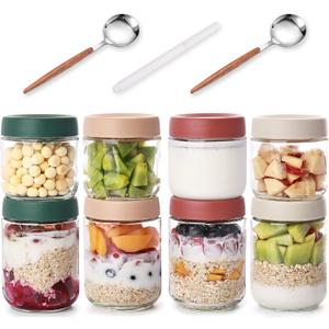 4pcs 10oz & 4pcs 16oz Overnight Oats Containers with 2pcs Spoon - 8 Pack Glass Storage Jars with Airtight Lids Wide Mouth Mason Food Jars for Meal Prep Salad Chia Puddirg Snacks Yogurt Sugar Spice