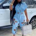KEYUFANG Women 2 Piece Outfit Casual Summer Set Crop Top Sweatpants Women Trendy Blue Jumpsuit with Pocket, Large