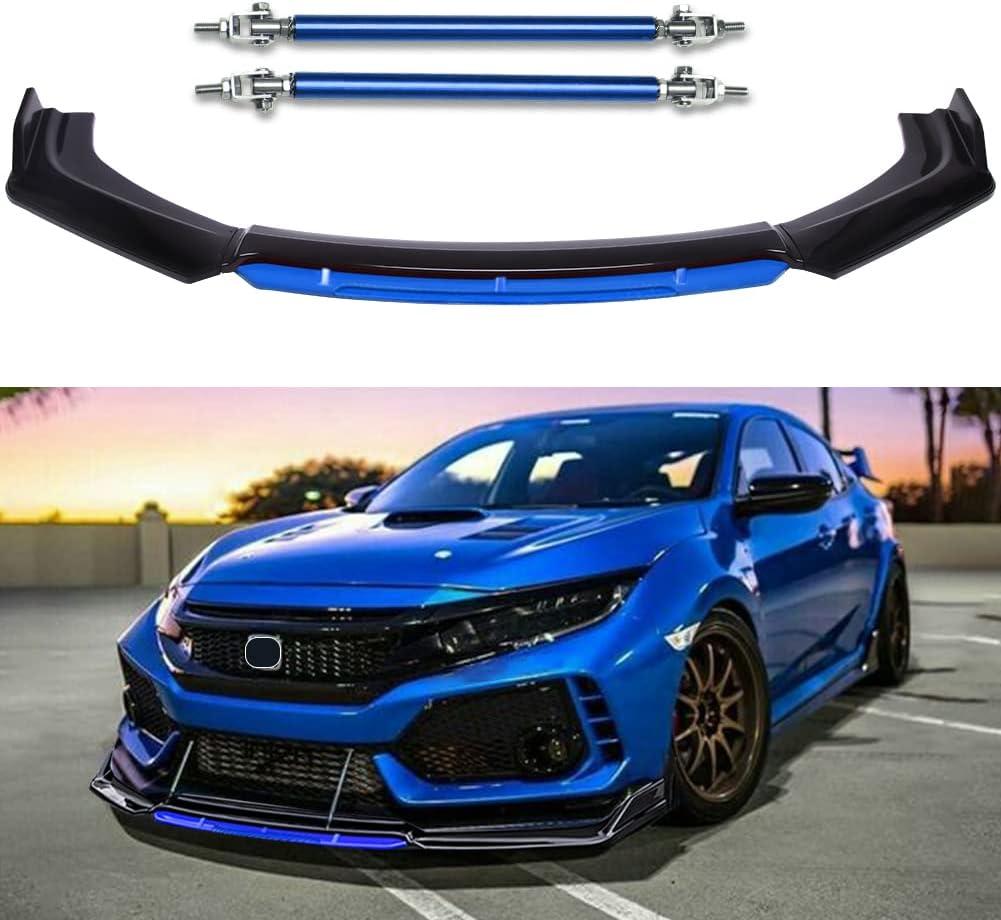 4PCS Universal Car Front Bumper Lip Body Kit Splitter Spoiler Diffuser Protector with Adjustable 8"-11" Support Splitter Rods (Blue) - Gloss Black,Blue Tongue (8"-11" Blue Rod)