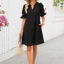 MEROKEETY Women's 2026 Summer Short Sleeve Mini Dress V Neck Ruffle Hollow Out Eyelet Lace Dresses (L)