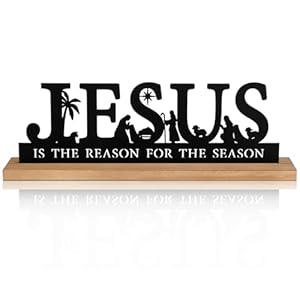 Pinkunn Metal Nativity Sets for Christmas Decorations Black Metal Nativity Scene with Wooden Base for Christmas Xmas Home Indoor Office Kitchen Table Shelf Mantel Tabletop Decor(Jesus)