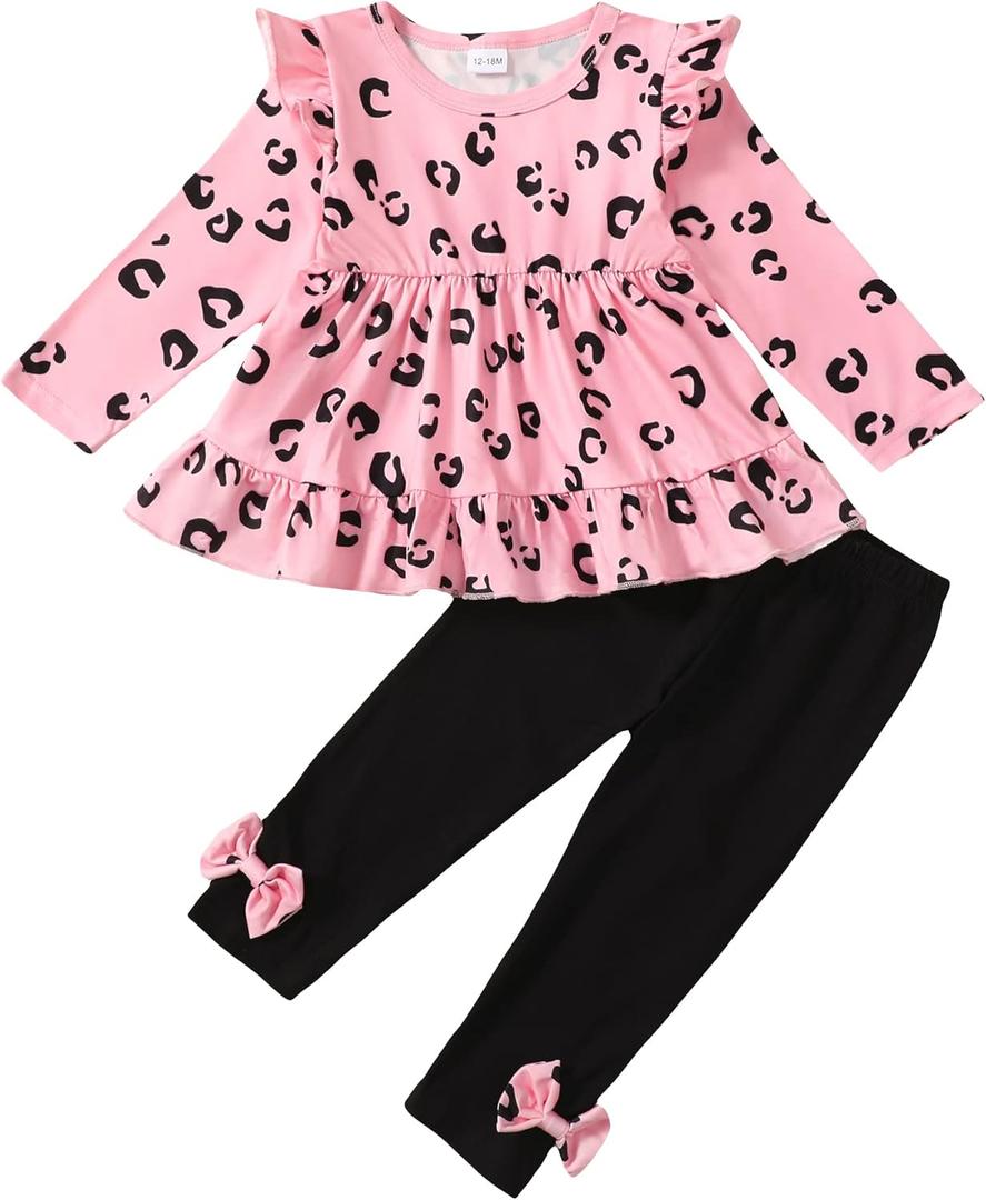 Baby Girl Clothes Toddler Girl Fall Outfits Ruffle Long Sleeve Floral Shirt Tops Winter Leggings Pants Clothing Set (3-4T, Pink Black)