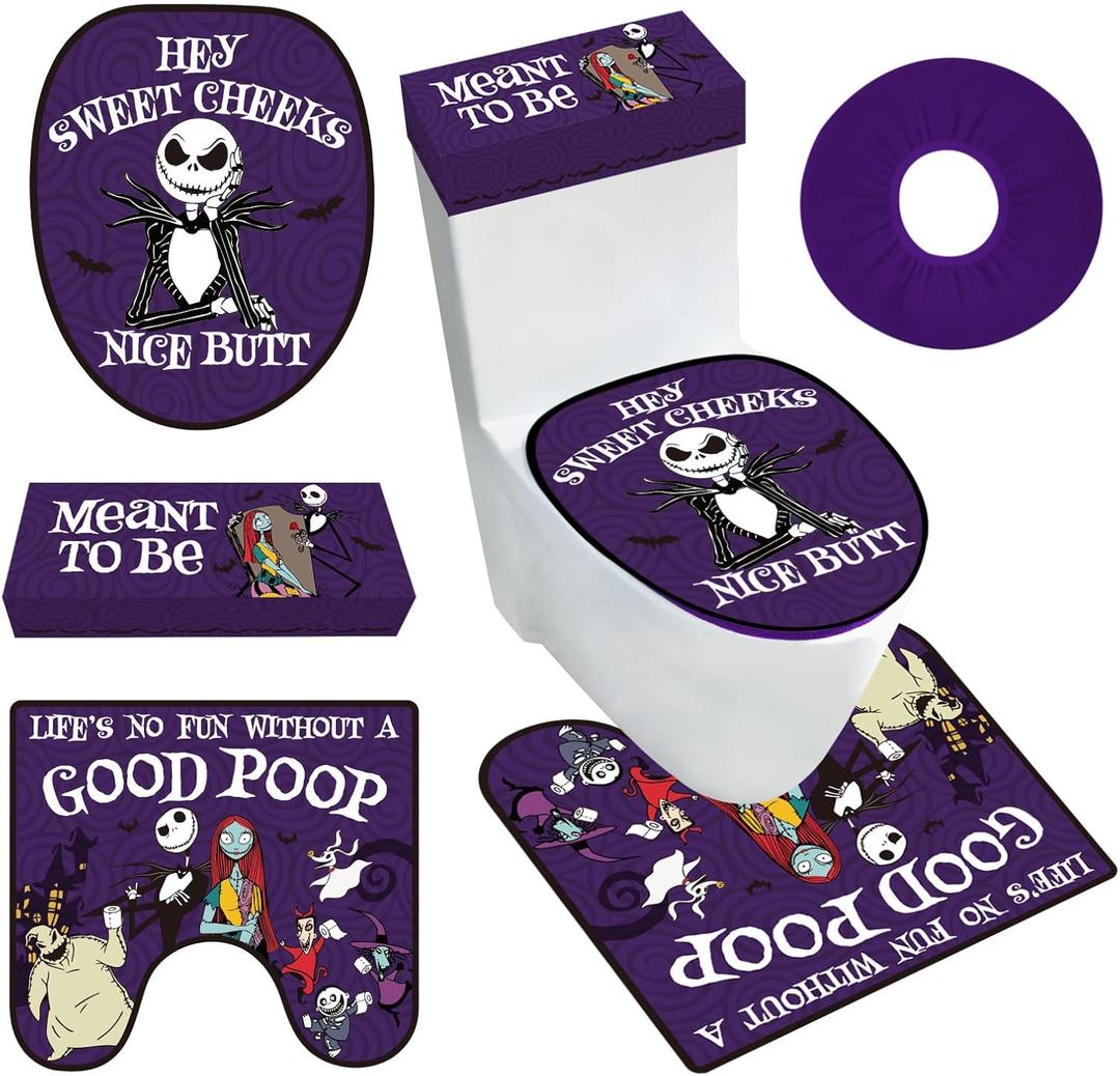 Nightmare Before Halloween Bathroom Decorations, Set of 4 Halloween Toilet Seat Cover Sets with Toilet Lid Cover Toilet Seat Cover Tank Cover, Jack Sally Nightmare Christmas Home Party Decor