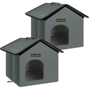 Rest-Eazzzy Cat House for Outdoor Cats, Weatherproof and Insulated Feral Cat House with Mat and Clip, Easy to Put Together, Selfwarming Cat Shelter for Winter, Never Blow Away (Grey, House X 2)