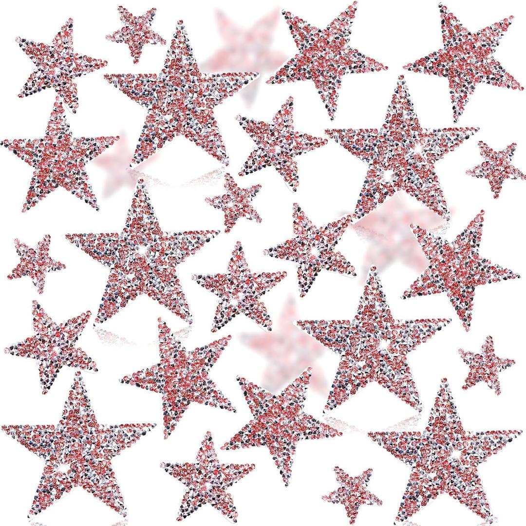 Syhood 24 Pcs Star Patches Iron on Rhinestone Adhesive Sequin Glitter Star Patches Appliques for Graduation Holiday Wedding Clothing Jeans Repair Decors(1.4/1.9/2.3/3.1 Inch,Pink)