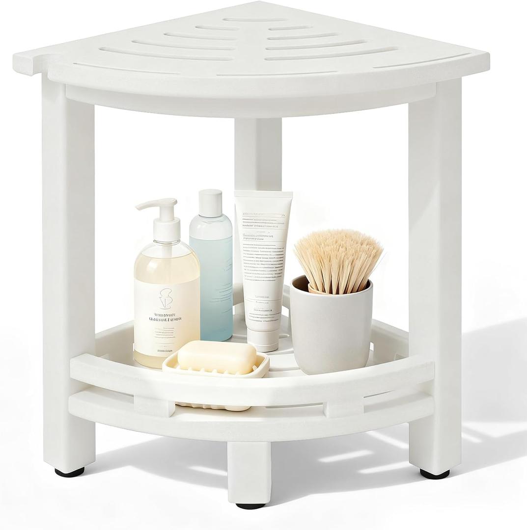 HDPE Corner Shower Stool for Shaving Legs, Waterproof Shower Stool with Storage Shelf for Bathroom,White