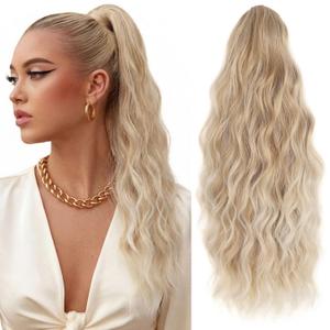 Ponytail Extensions 18 Inch Synthetic Claw Clip in Ponytail Extension Long Wavy Curly Hairpiece Fluffy Natural Looking for Women Daily Use (Blonde to Light Blonde)