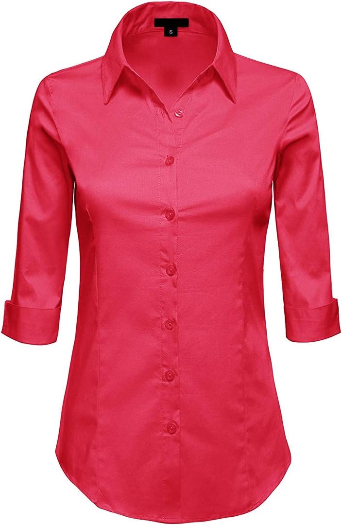 MAYSIX APPAREL Plus Size 3/ 4 Sleeve Stretchy Button Down Collar Office Formal Shirt Blouse for Women Dark Red, 1XL