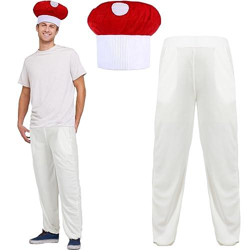 Suhine 2 Pcs Men's Mushroom Costume Accessory Set Adult Red and White Spotted Mushroom Hat White Pants Funny Cosplay Outfits for Halloween Game Character Dress up Party Supply, S