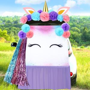 17 Pcs Halloween Unicorn Trunk or Treat Car Decoration Kit 59" x 47" Unicorn Backdrop Paper Flower Table Skirt Car Archway Garage Decor for SUV, Door, Car Decorations(Purple,Unicorn)