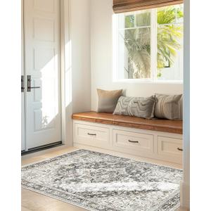 Freyja Washable Rugs 3x5 Area Rug, Soft Non Slip Distressed Indoor Door Mat, Vintage Thin Floral Rugs for Bedroom Bathroom Floor Kitchen Entryway Laundry Room Decor (Rustic Brown)