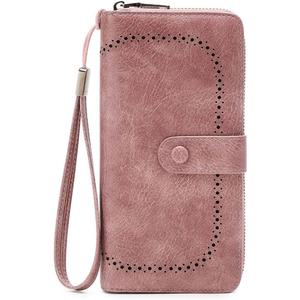 RFID Anti-Theft Brush Ladies Wallet Hollow Organ Card Holder European and American Retro Large Capacity Long Wallet,Pink