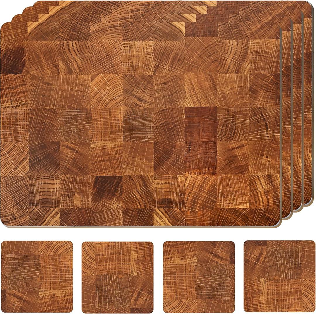 Set of 4 Heat Resistant Cork Placemats for Dining Table with Free Set of 4 Matching Drink Coasters Marble Design 16 x 12 Inches Cork Backed Hard Placemats (Honey Oak)