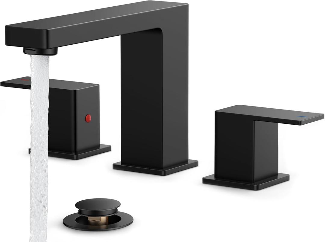 FORIOUS Black Bathroom Faucet 3 Hole, Matte Black Bathroom Sink Faucet 8 Inch Widespread, 2 Handle for Restroom Sink with Pop Up Drain, CUPC Supply Hose and Spare Water Saving Aerator, Vanity 3 Holes