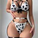WDIRARA Women's 9 Piece Cow Print Hollow Out Strappy Lingerie Set with Garter Belt Black and White X-Small