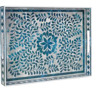 MAONAME Rectangular Decorative Tray, Plastic Serving Tray with Handles, Modern Blue Trays for Ottoman, Coffee Table Trays for Living Room, Home Decor, 15.7" x 11.8" x 1.6"
