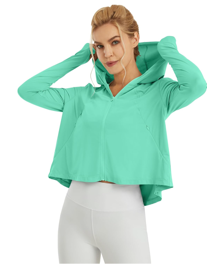 Womens UPF 50+ Sun Protection Hoodie Shirts Lightweight Quick Dry Long Sleeve Zip Jacket with Pocket Hiking Outdoor,Mint Green, Large