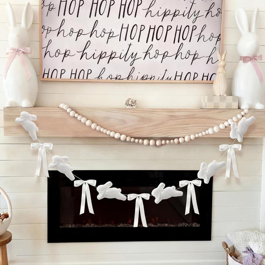 8.2ft White Flocked Easter Bunny Garland with Large Satin Bows, Handmade Rustic Farmhouse Spring Hanging Banner for Mantel, Fireplace, Wall Home Office Easter Party Decor