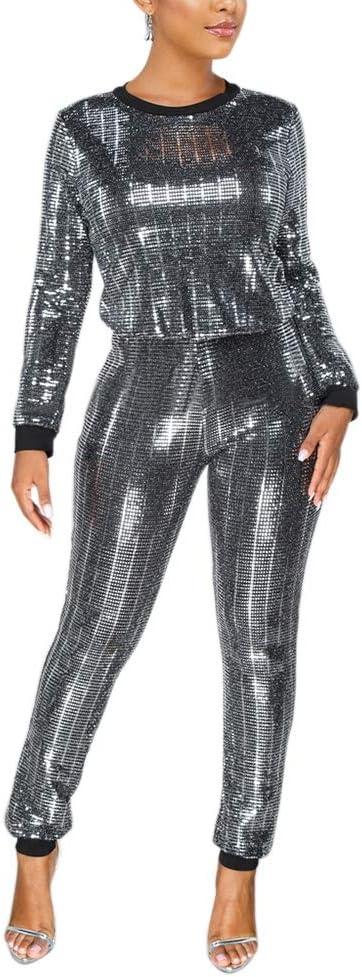 EOSIEDUR Womens 2 Piece Outfits & Sexy Silver Glitter Sequins & Metallic Shiny Top and Pants Set XL 