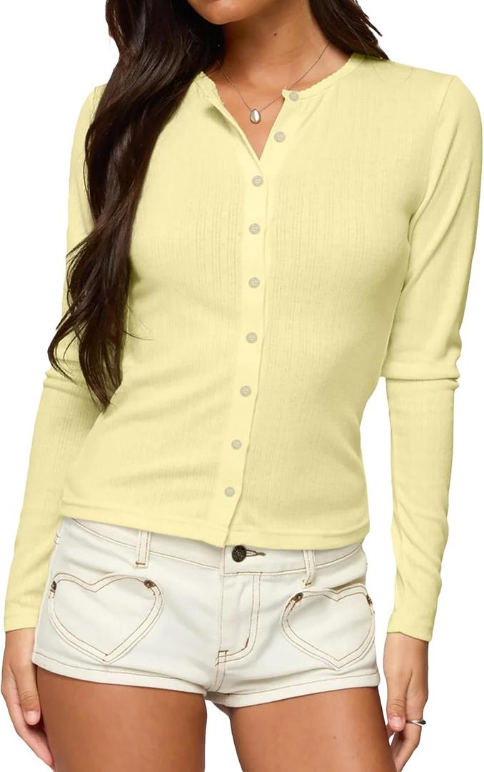 Women Open Button Down Picot Crew Neck Long Sleeve Cropped T Shirts Slim Fit Pointelle Crop Tops Fall Tees Outfits Yellow (Yellow, M)