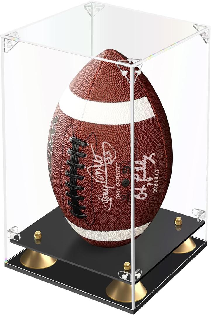 Football Display Case, Acrylic Display Case with Double Layer Base, Clear Showcase for Full Size Football, Black Base (8x8x12.5 inch, 20x20x31.5cm)
