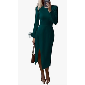 PRETTYGARDEN Women's 2025 Fall Long Sleeve Dress Formal Midi Bodycon Wrap Slit Feather Elegant Wedding Guest Cocktail Dresses, Size S