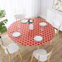Jeloris Round Fitted Vinyl Tablecloth with Elastic Edge, Waterproof Moroccan Design Wipeable Plastic Table Cover with Flannel Backing, for Indoor Outdoor Patio Use (Red, 48 Inch)
