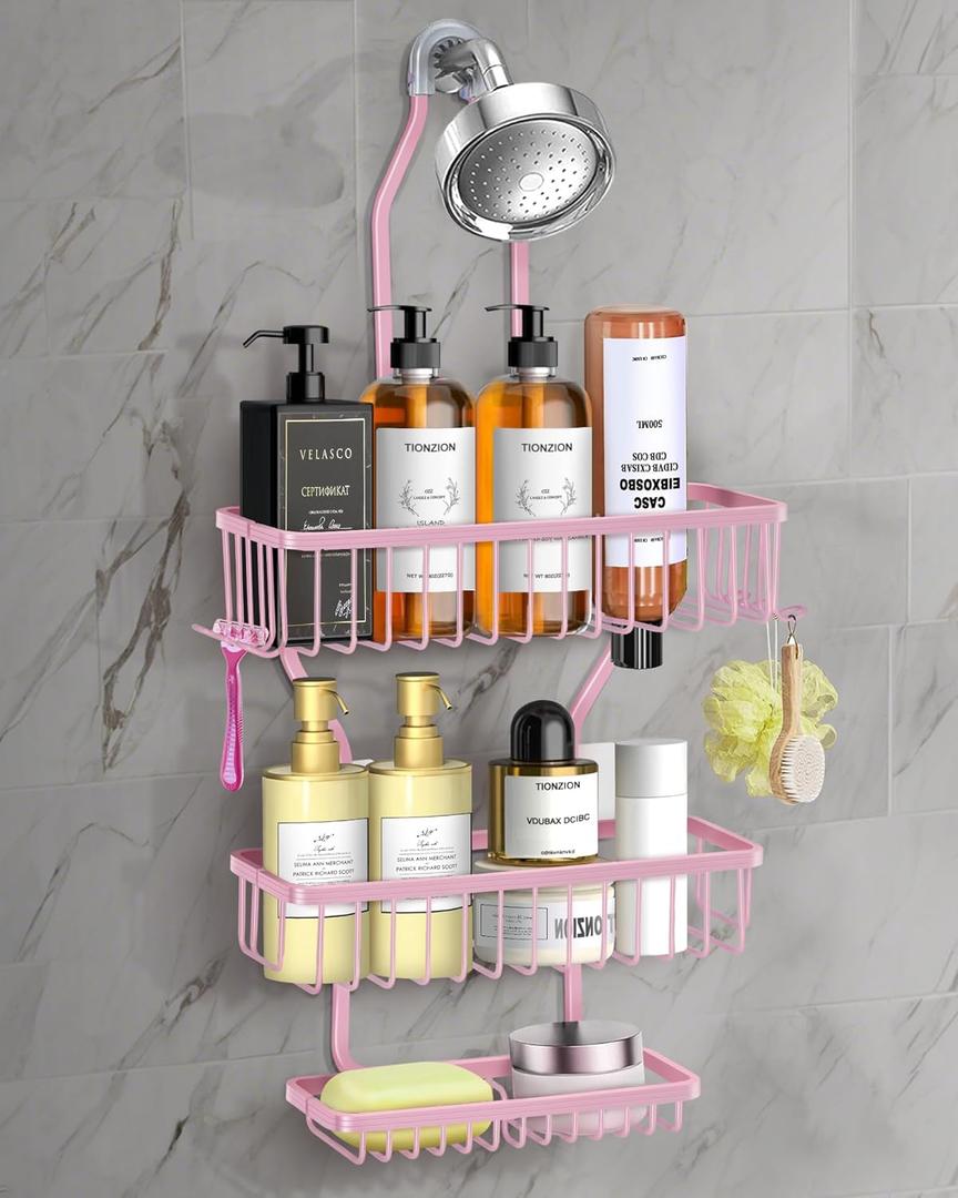 Pink Shower Caddy for Bathroom - Never Rust Hanging Shower Organizer with Soap Basket and Hooks - Large Capacity 3 Tier Aluminum Over The Showerhead Caddy