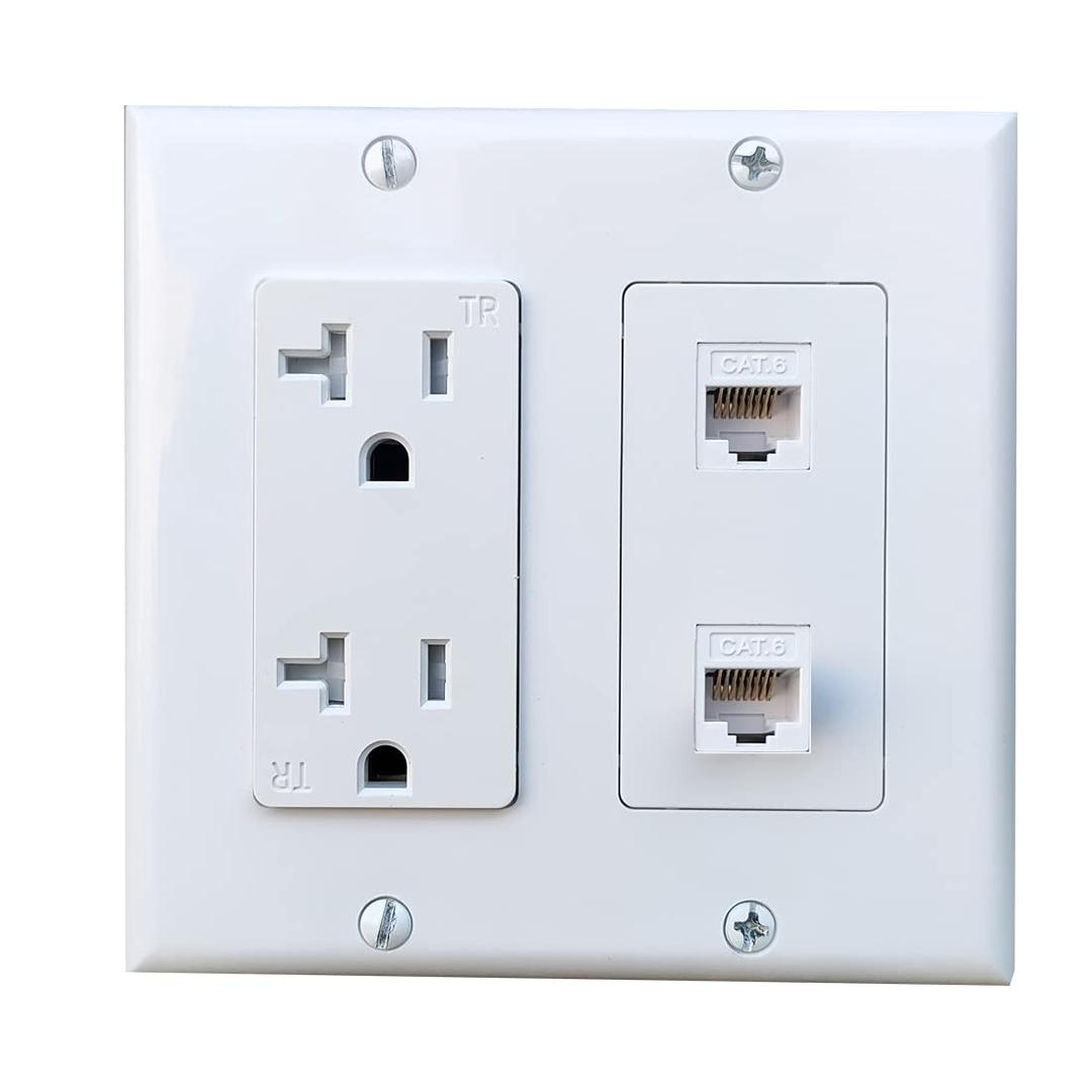 20Amp Power Outlet with 2 CAT6 Ethernet Port - Double Gang Ethernet and Power Outlet Cover Plate with 2 CAT6 RJ45 Keystone Jack - White