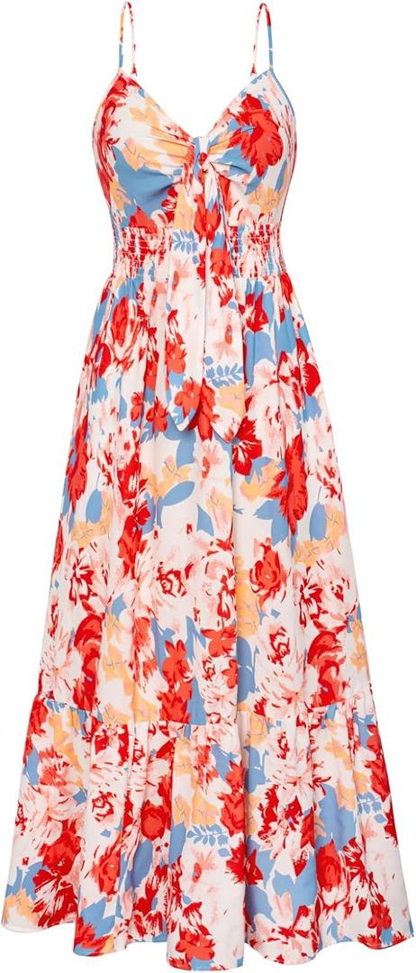 GRACE KARIN Women's 2025 Summer Maxi Dress Floral Tie Front Spaghetti Strap Casual Boho Beach Flowy Sundress with Pockets (Blue Red Floral)