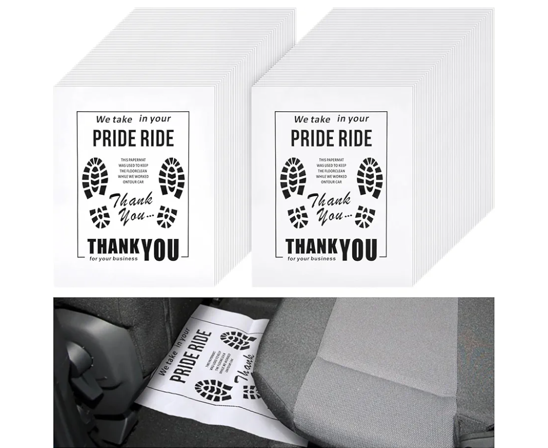 CastleDoor Automotive Paper Floor Mats for Cars Plastic Coated Disposable Heavy-Duty Paper We Take Pride in Your Ride Shoe Print Floor Mat (Case of 500)