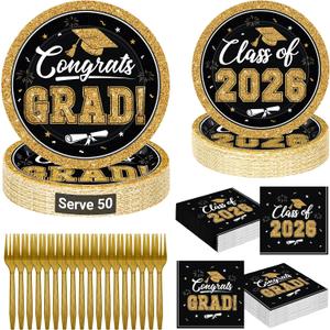 QZYL 200Pcs Graduation Party Supplies 2026, Black and Gold Graduation Plates and Napkins, Disposable Grad Dessert Plates and Plastic Forks, Graduation Party Tableware for 50 Guests