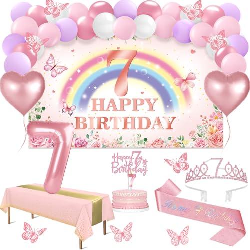 7th Birthday Decorations for Girls, 47pcs Pink Flower Rainbow Banner, Tablecloth, Butterfly Decor, 7th Birthday Sash and Tiara, Cake Topper, Candles, Balloons Arch