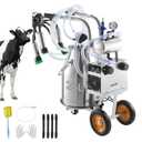 VEVOR Electric Cow Milking Machine, 6.6 Gal / 25 L 304 Stainless Steel Bucket, Food-Grade Teat Cups and Silicone Hose, Strong Suction, Vacuum Pulsation, Electric Milker Machine with Wheels for Cow