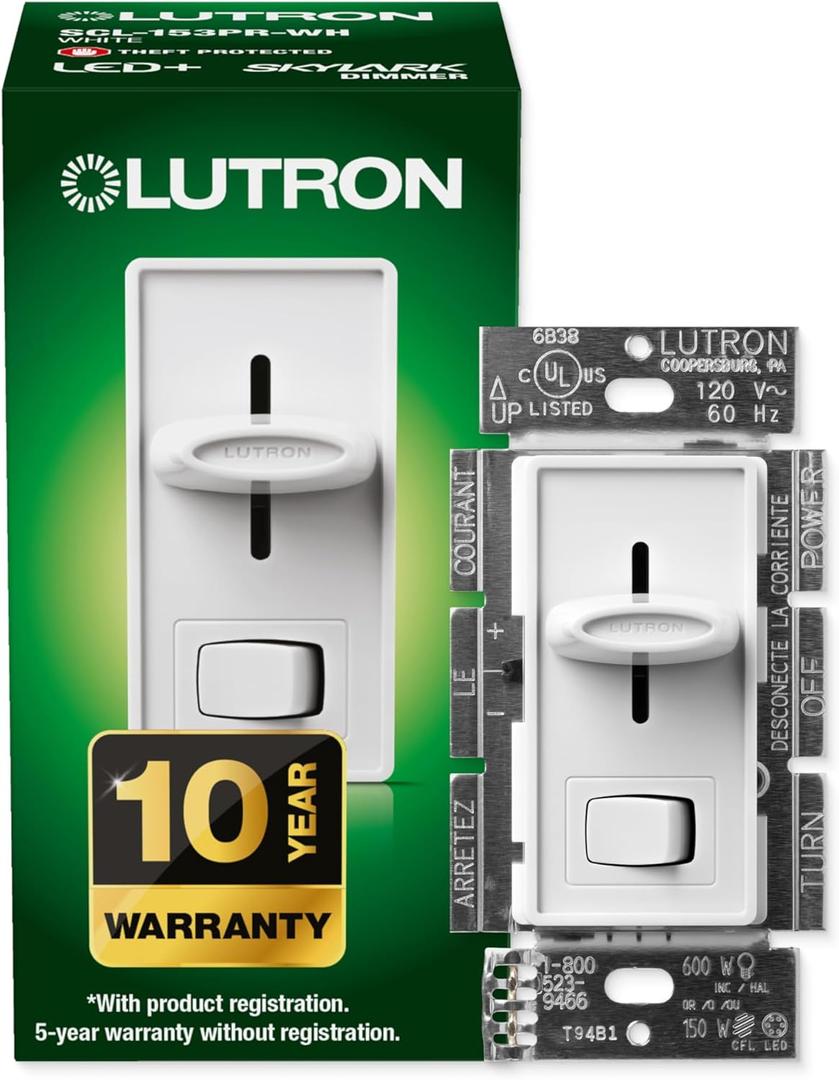 Lutron Skylark LED+ Dimmer Switch for Dimmable LED, Lutron Dimmer Switch For Halogen and Incandescent Bulbs, 150W/Single-Pole or 3-Way, SCL-153P-WH, White