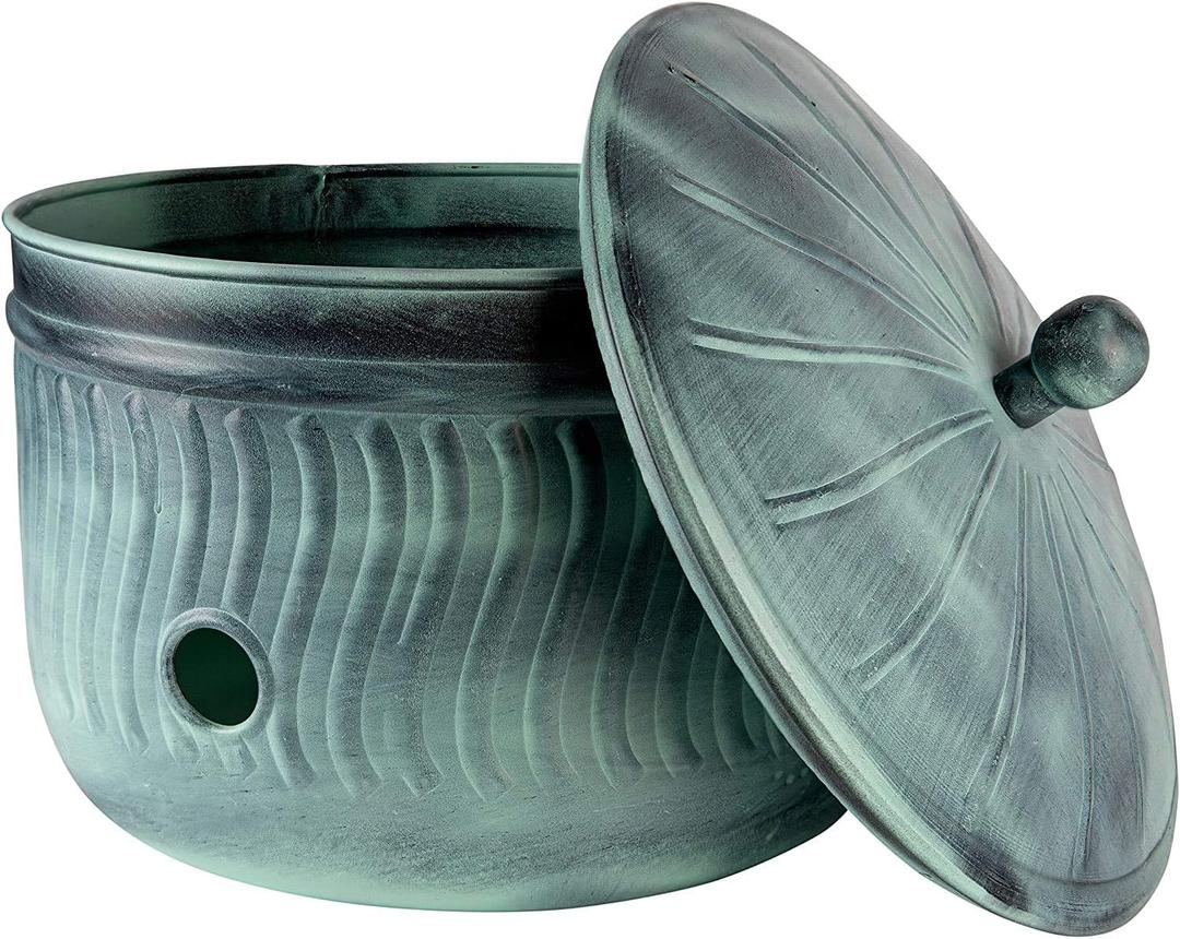 Garden Hose Holder Storage Pot with Lid 17 x 11.5" | Water Hose Container Pot Outdoor or Indoor Use | Expandable Water Hose Hider l | (Sculptors Secret Harbor Teal) - Handmade