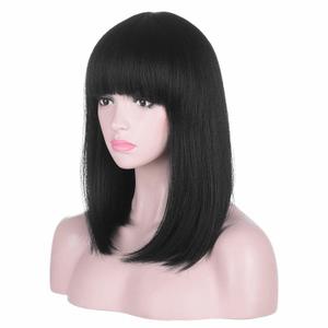15 Inch Short Straight Black Bob Wig with Bangs | Natural Heat Resistant Synthetic Hair for Women 