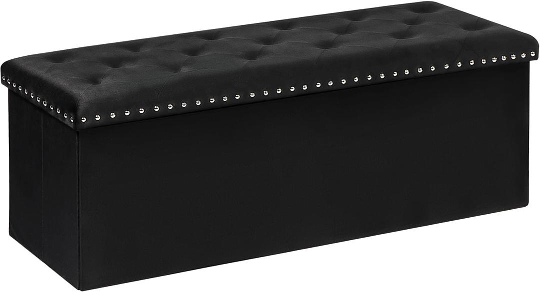 B FSOBEIIALEO Storage Ottoman Bench, Folding Tufted Ottomans with Storage, Extra Large 140L Storage Boxes Footrest Bench for Bedroom, Luxury Velvet Fabric 43 Inches Black, 43.3x15.7x15.7 inches