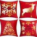 ONWAY Red Christmas Decorations Gold Throw Pillow Covers 20x20 Set of 4 Snowflakes Reindeer Decorative Cushion Cases Xmas Golden Decor for Couch Sofa Bedroom