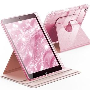 INFILAND Rotating Case for iPad 9th Generation (2021) / 8th Generation (2020) / 7th Generation (2019) 10.2 Inch 360 Rotating Cute Glitter Cover with Crystal Clear Back, Pencil Holder (Pink)