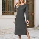 MISFAY Women Long Sleeve Midi Dresses 2025 Fall Side Slit Casual Crewneck Loose Long T Shirts Dress with Pockets Light Gray (Gray, M)