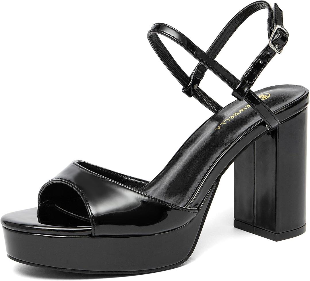 NEWBELLA Women's Platform Heeled Sandals - Open Toe Ankle Strap Slingback with Block Heel & Buckle, Summer Dress Shoes for Vacation & Evening (Dark Black, Adult, Women, 9, Numeric, US Footwear Size System, Medium)