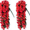 Artificial Flowers for Outdoor Decor, 2 Bundles Fake Silk Red Morning Glory Long Vines UV Resistant Realistic for Home Porch Patio Balcony Planter Decoration