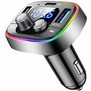 LIHAN USB C Bluetooth Car Adapter, AUX Wireless FM Radio Transmitter, Hands-Free Calling & Audio Receiver, MP3 Music Player, QC3.0 & Type-C PD Fast Charging,7 Colors LED Backlit, Support USB/TF Drive