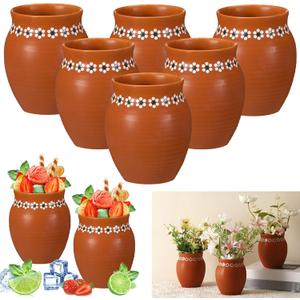 6 Pcs 16oz Cantaritos De Barro Mexicanos Terracotta Vases Sets Mexican Ceramic Vases with Flower Print Clay Margarita Glasses for Mexican Wedding Table Decorations Fiesta Centerpieces
