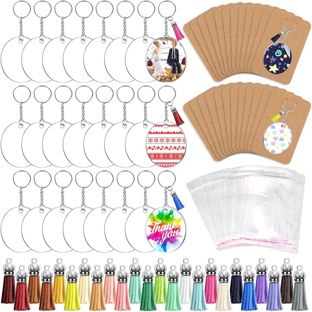 ZOCONE 144 PCS 2 INCH Acrylic Keychain Blanks Set, Clear Circle Acrylic Blank Bulk with Keychain Ring, Display Card, Packing Bag, Jump Rings, Tassels for Vinyl DIY Keychain Earring and Craft Project